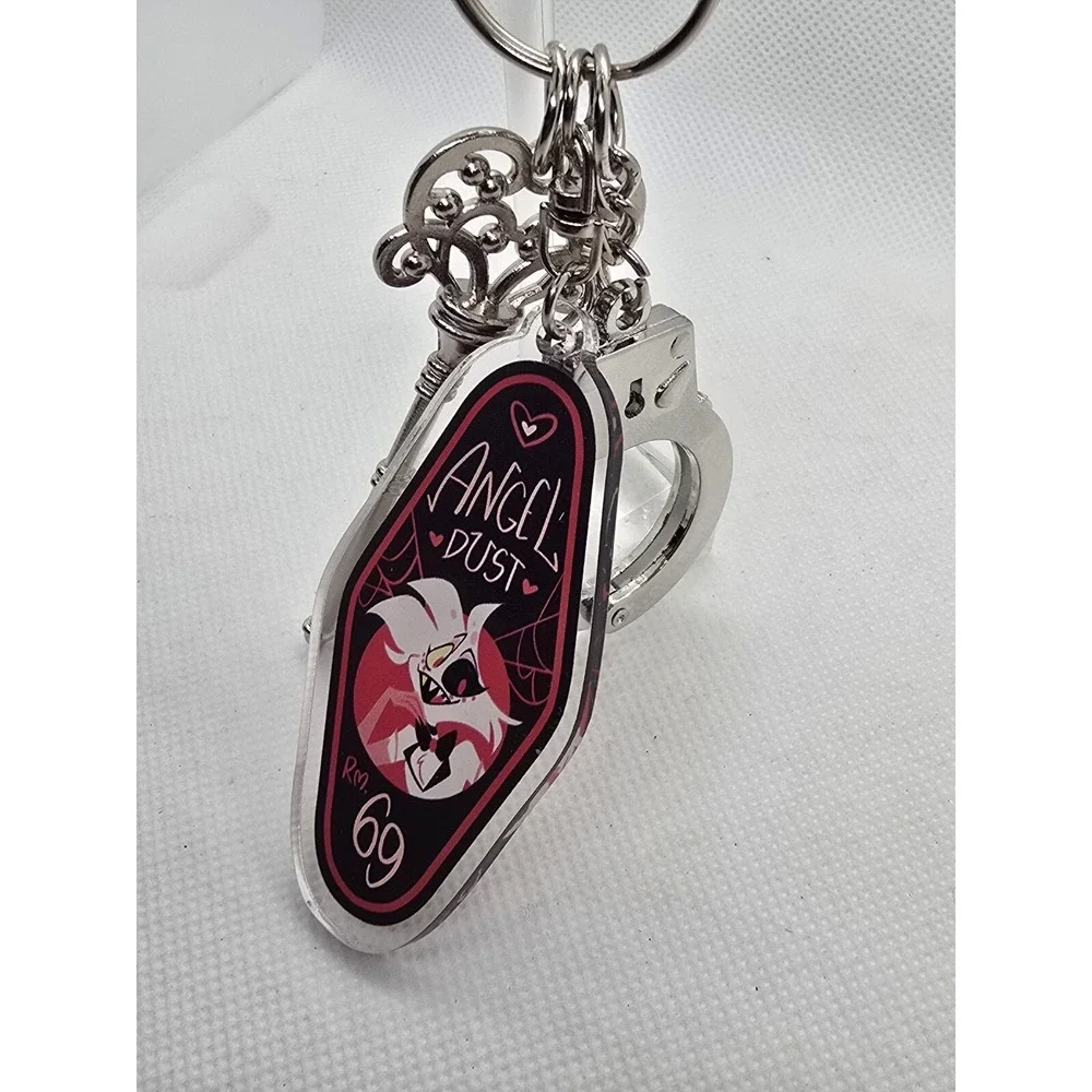 Angel Dust Hazbin Hotel Keychain,  with bottle opener key, and handcuff HANDMADE